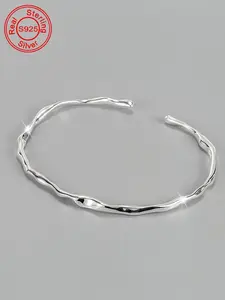 925 Sterling Silver Irregular Wave Design Bangle, Fashion Jewelry for Party, Daily Clothing Decor, Trendy All-match & Exquisite Jewelry for Birthday Gift, Valentine's Day Gifts, Metal Bracelet