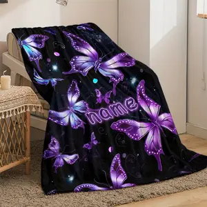 Personalized Purple Butterfly Blanket - Custom Name Lightweight Flannel Throw - Portable for Travel, Camping, Sofa & Office
