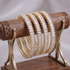 4 Pcs AD Indian Bangles Set - Gold CZ Wedding Bracelet Indian Jewelry Gift for Her