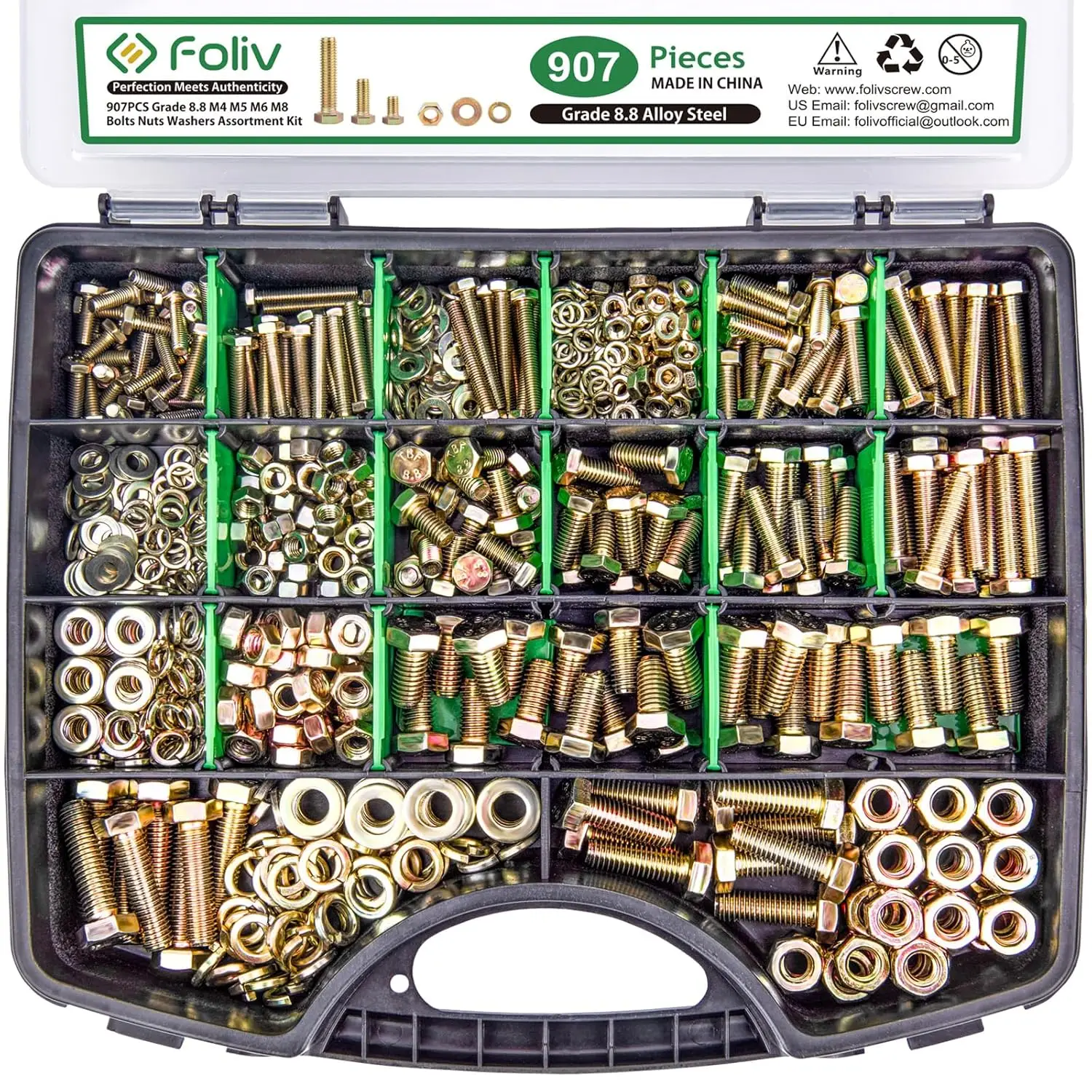 FOLIV 907/523 pcs Grade 8.8 Metric Bolt Assortment, M4 M5 M6 M8 Heavy Duty Bolts and Nuts Kit, Yellow Zinc Plated, Length from 12-30mm ver x bolts