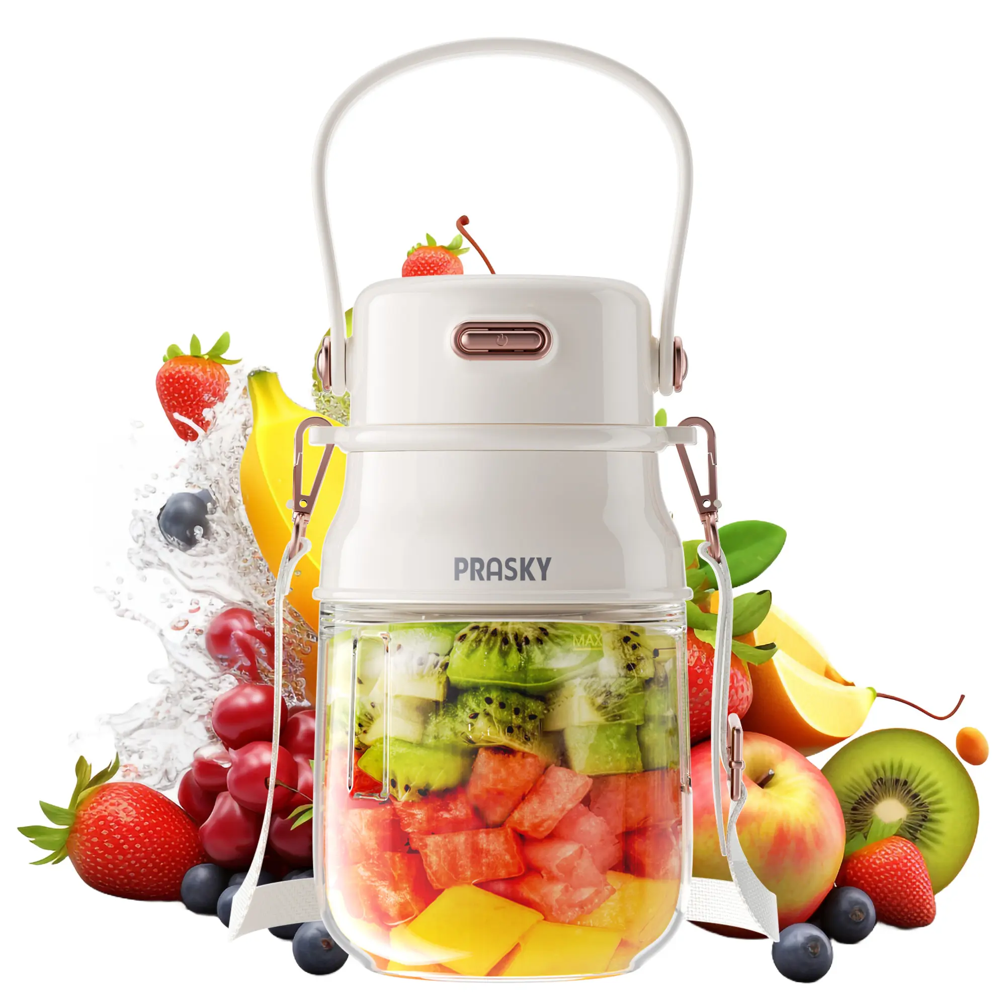 Prasky Cordless Portable Blender - Household Kitchen Juicer & Blender for Health Enthusiasts, 70W Motor, 27oz Polycarbonate (PC) Cup, Lid, Shoulder Strap, Type-C USB Rechargeable, Dishwasher Safe Parts, BPA-Free, Pulp Control, Nutrition Extraction for Gym