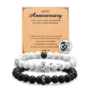 Couple Bracelets Natural Bead Stone Heart shape Matching Yin Yang Adjustable Boyfriend Girlfriend Anniversary Valentine's Day Gifts（Black White Bead)