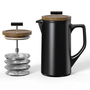 DHPO Ceramic French Press Coffee Maker, 22 Ounce Coffee Press Manual Brewer with Walnut Wood Lid, Premium Triple Filters Food Grade Stainless Steel for Coffee and loose Tea Pots Black