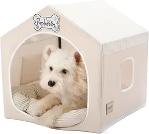 Jiupety Indoor Dog House with Frame, Cute Dog Tent Bed with Cover Cave, Breathable, Washable, and Foldable House, Suitable for 10-20 Lb Puppy and Cats, Medium (17"×17"×17"), Beige