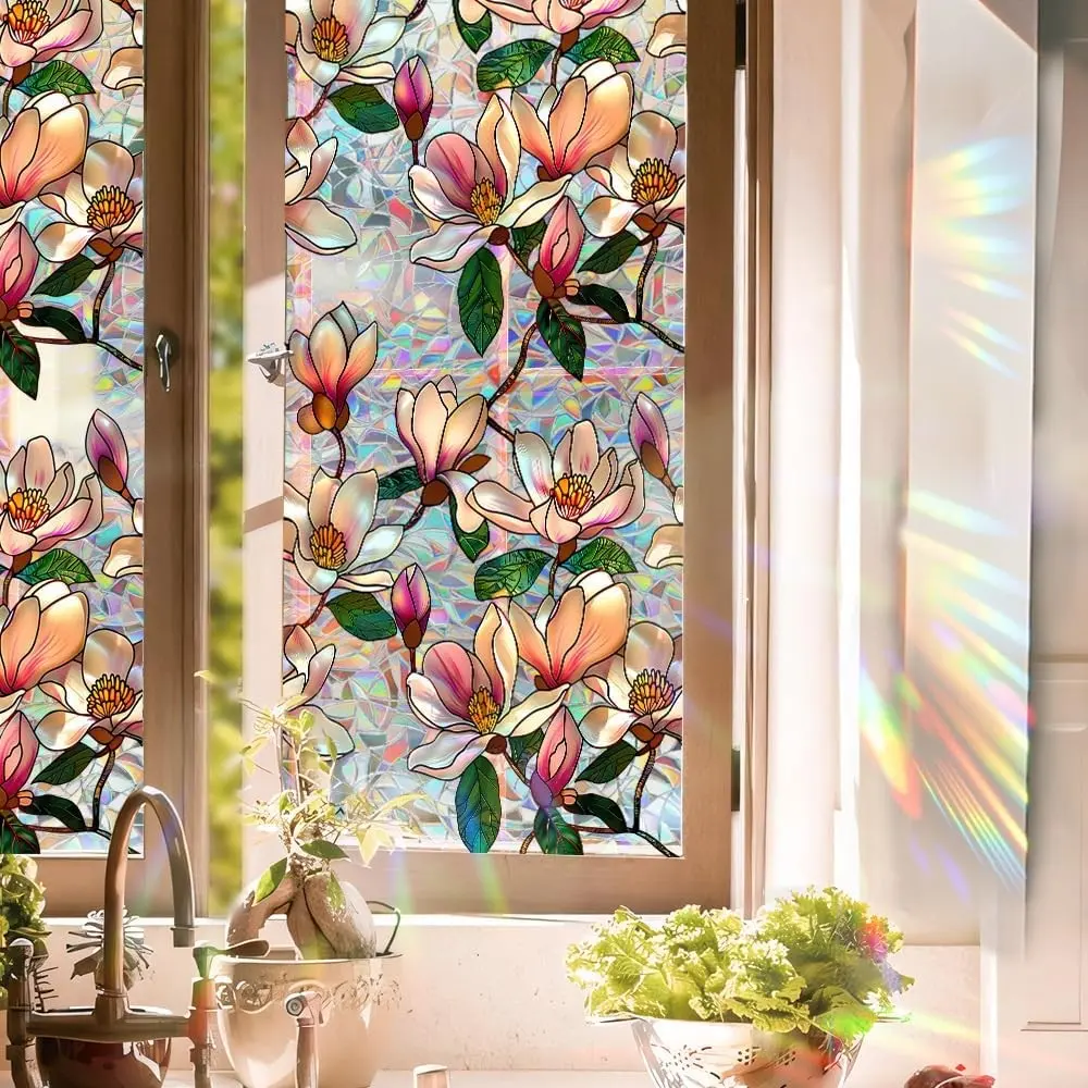 Sunroof Stained Glass Window Film, Rainbow Magnolia Static Window Clings, No Adhesive Sun Heat Blocking Privacy Window Film Decals for Home Office Living Room Car Sunroof Stickers 16.9 x 39.37 Inch