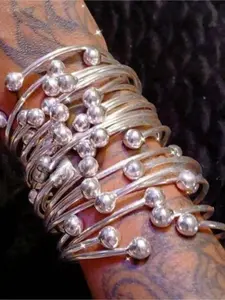9pcs Retro Boho Thick Bangles, 10mm Silver Color Balls, Handmade Stacking Bangle Set for Women, Daily & Party Jewelry Gift, Stackable Bracelets