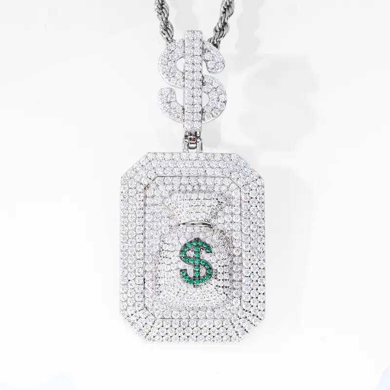 UCCIYO Square Money Bag Pendant P694 UCCIYO S925 Sterling Silver Synthetic Moissanite Pendant Necklace for Women Men Hip Hop Jewelry Gift summerwins【#P694】