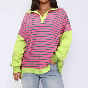 PNORATM Women Striped Oversized Sweatshirt Crewneck Long Sleeve Shirt Casual Top Fall Y2K Clothes Cotton Free People outfits