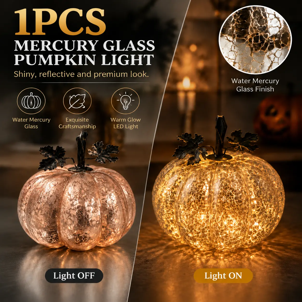 Mercury Glass Pumpkin Lights with Timer, Battery Powered Fall Decor for Table Centerpiece, Warm Glow Halloween Thanksgiving Home Decoration
