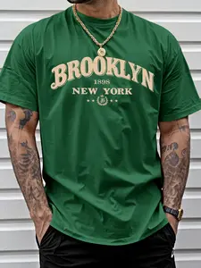 Men's Summer Casual Long T-Shirt, Top, American College Style Brooklyn Theme, Comfortable Daily Wear, Ideal for Spring and Summer