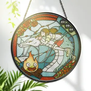 Studio Ghibli Stained Glass Suncatcher – Calcifer, Haku & Chihiro Handmade Anime Window Hanging Decor – Glass Art Gift for Ghibli Lovers