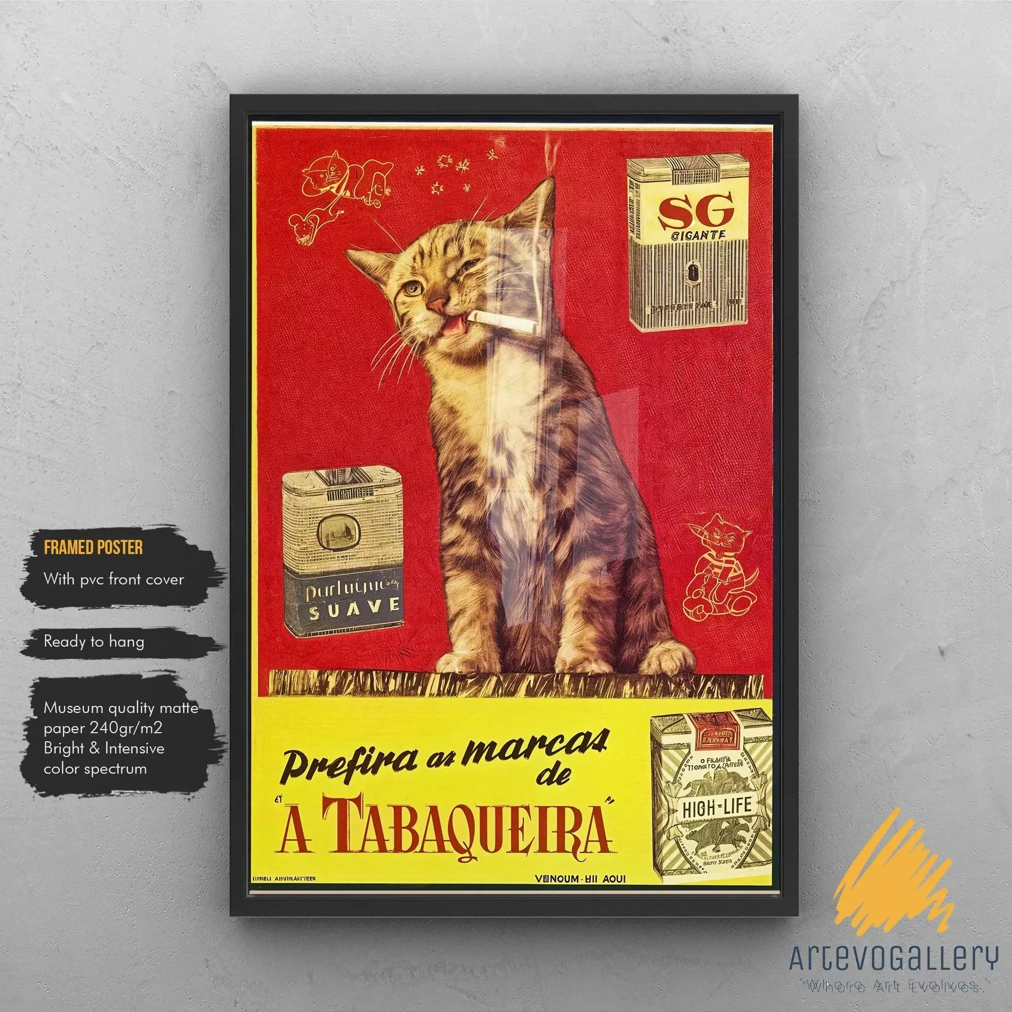 Vintage Smoking Cat Poster | Retro Tabaqueira Art Print | Funny Cat Wall Art | Antique Tobacco Advertisement Style Decor