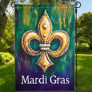 1pc Mardi Gras Garden Flag Double-Sided Waterproof Outdoor Decoration with Golden Fleur-de-Lis All-Weather Lawn Yard Decor for Mardi Gras Party Parade Home Easy Hang Hooks