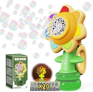 Seven Colors Sunflower Design Bubble Machine Colorful Light Automatic Bubble Maker for Kids Outdoor Toys with Night Light Function and Large Bubble Output Round Multifunctional Blower