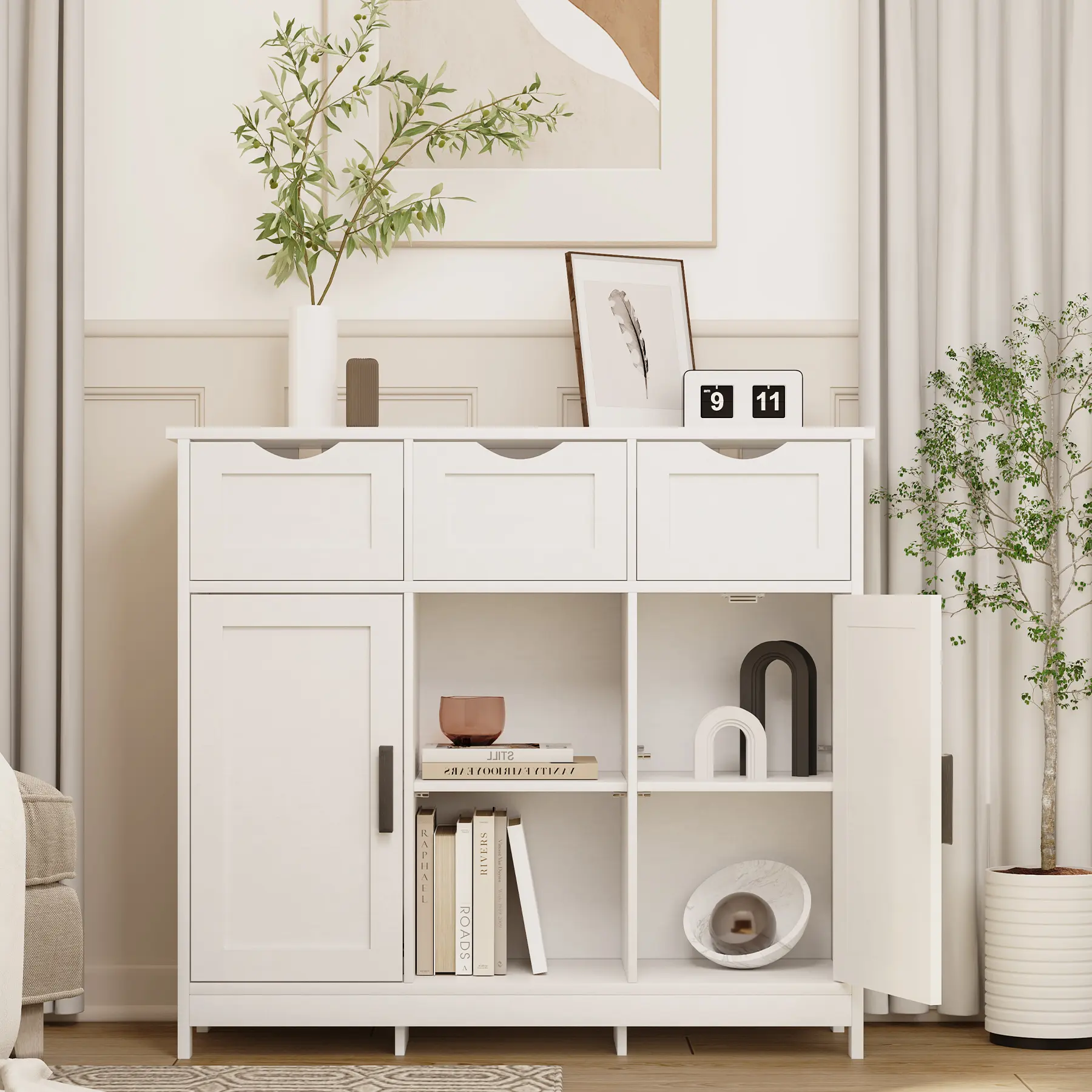 White Wooden Floor Storage Unit with Drawers, Adjustable Shelves - Medium-Density Fiberboard Single Unit with Multiple Storage, Indoor Living Room Bedroom Cupboards Furniture, Includes Manual