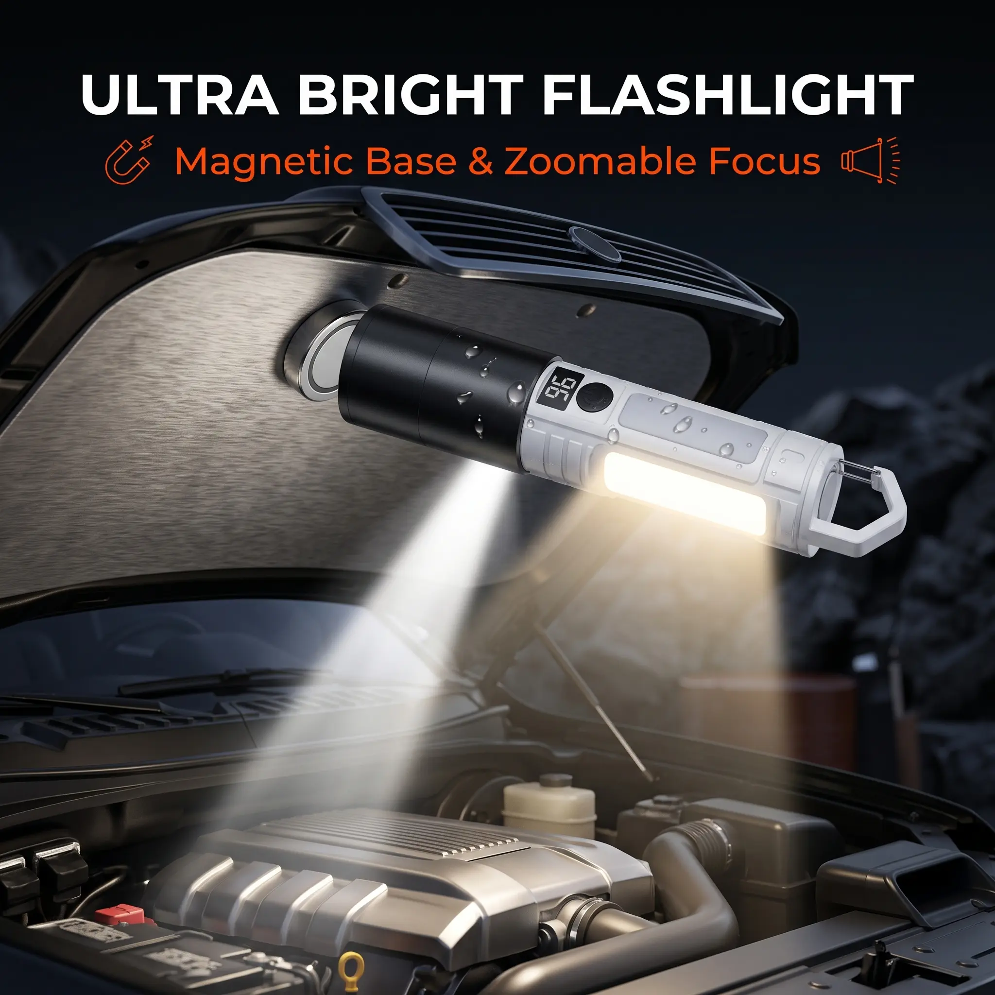 Zoomable LED Flashlight with Magnetic Base & COB Side Lantern, Type-C Fast Charging Waterproof Hand Torch with Real-Time Power Display, Portable Hanging Camping Light for Car Repair Outdoor Emergency Hiking