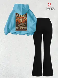 Women's Warm Hoodie Set, Slim Fit Comfortable Bell Bottom Pants, Cow Head Letter Print, Kangaroo Pocket, Daily Wear, Casual Matching Clothing Set