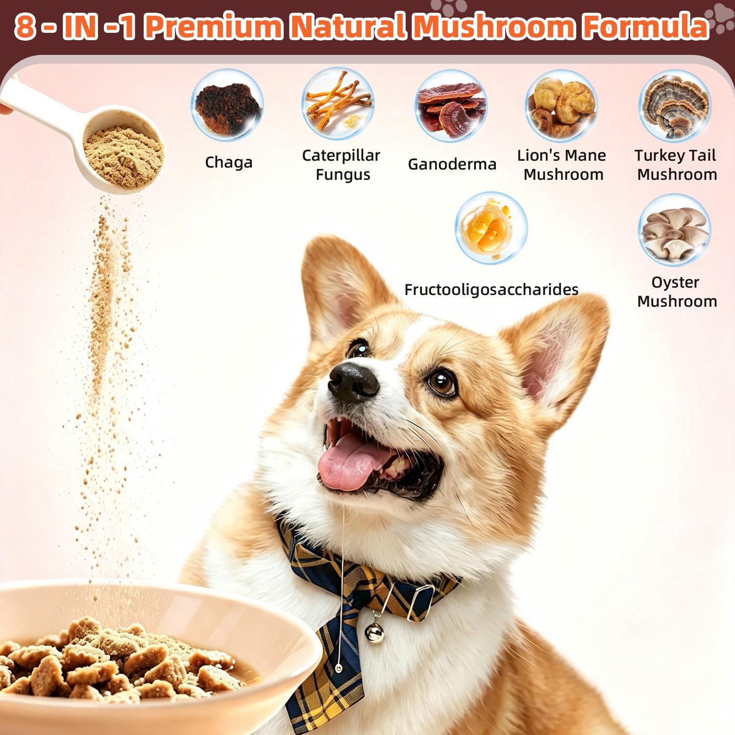 KEKUI Dog Immunity Mushroom Powder Supplement - 8-in-1 Premium Natural Mushroom Extract Complex, Gentle Long-Lasting Immune Boost, Easy-to-Mix for Daily Dog Meals (Powder Form)