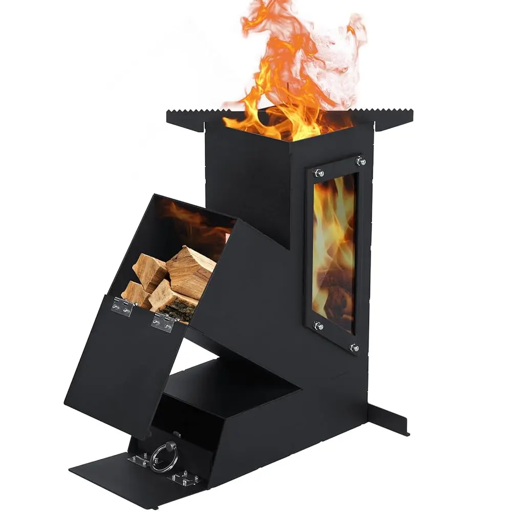 Rocket Stove with Glass Window – Portable Wood Burning Stove for Outdoor Cooking, Heavy Duty Camping Grill & Backyard Fire Stove, Ideal for Emergency Survival, Preparedness, Tailgating & Off-Grid Living