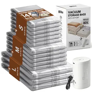 Travel Vacuum Seal Bags 14Pack with Rechargeable Electric Pump, Compression Packing Cubes for Luggage Suitcase Backpack Carry-on Size Space Saver Storage, Vacuum Storage Bags for Travel, Vacuum Bags for Clothing, Cordless Travel Vacuum Bag Set for Clothes