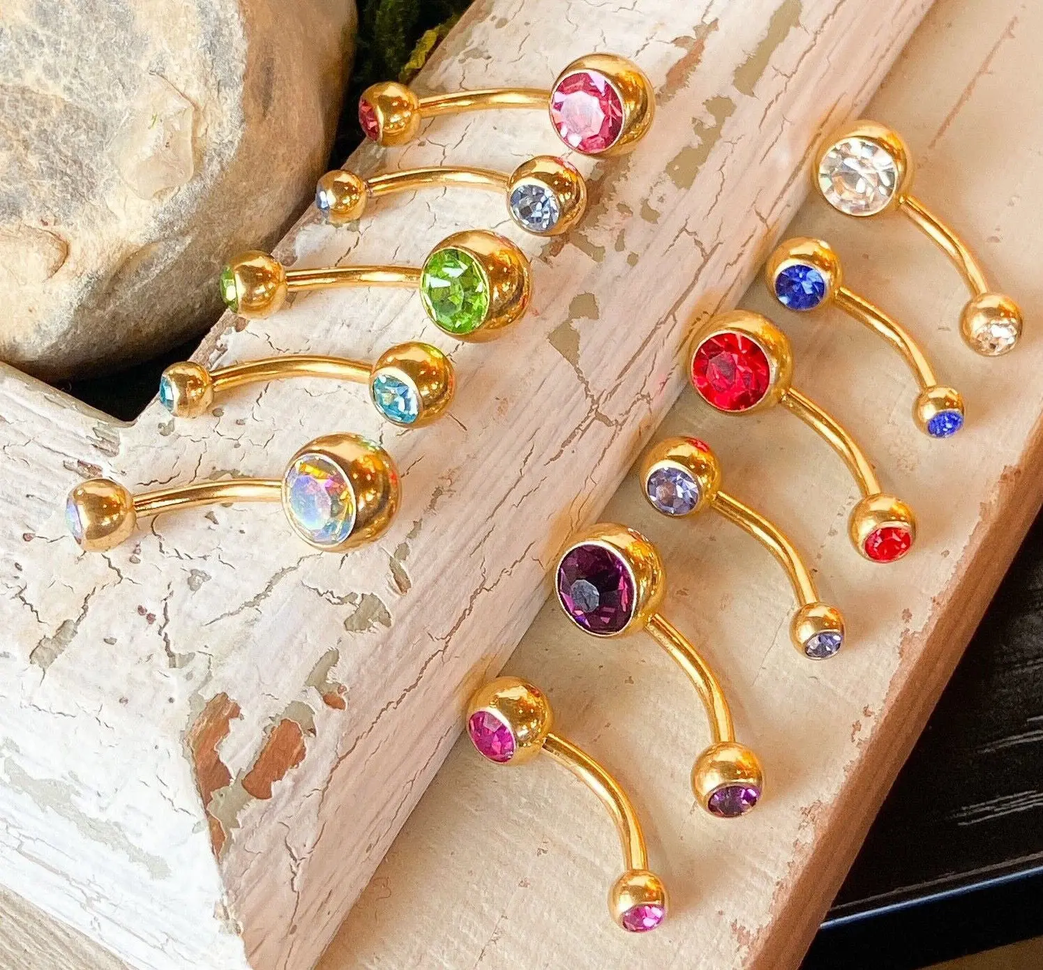 Gold Ion Plated Steel Double CZ Gem Ball Belly Ring Pierced Navel Naval
