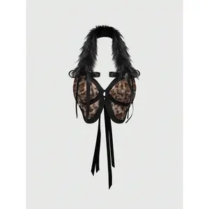 Cheetah Print Top Faux Fur Halter Bow Knot Backless Y2K Crop Tops