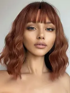 Women Short Wavy Curly Hair Synthetic Flat Bangs Bob Wig, Synthetic Curly Wigs, All-Season Wearable Design, Perfect for Daily Use & Stylish Looks
