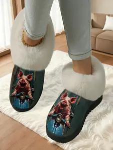 Street-Ready Pig On Scooter Home Plush Slippers 1 Pair, Cool Funny Style, Faux Fur Lining + Fleece-Lined Warmth + Platform Cushioning, Funny Style Enthusiasts & Home Lovers for Home Foot Warmth + Fun Daily Outfits, Winter Must-Have!