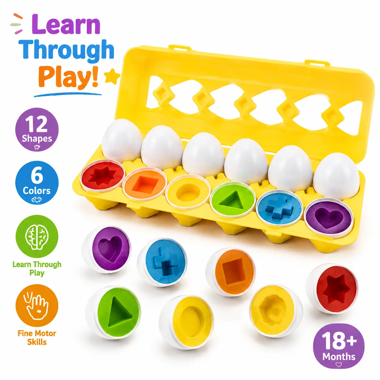 Matching Egg Toy 12 PCS for Toddlers Ages 1-3 Kids, Easter Eggs Shape & Color Recognition with Carton, Montessori Sensory Sorter Toddler Toys for Travel Play, Gifts for Year Old Baby (Yellow)