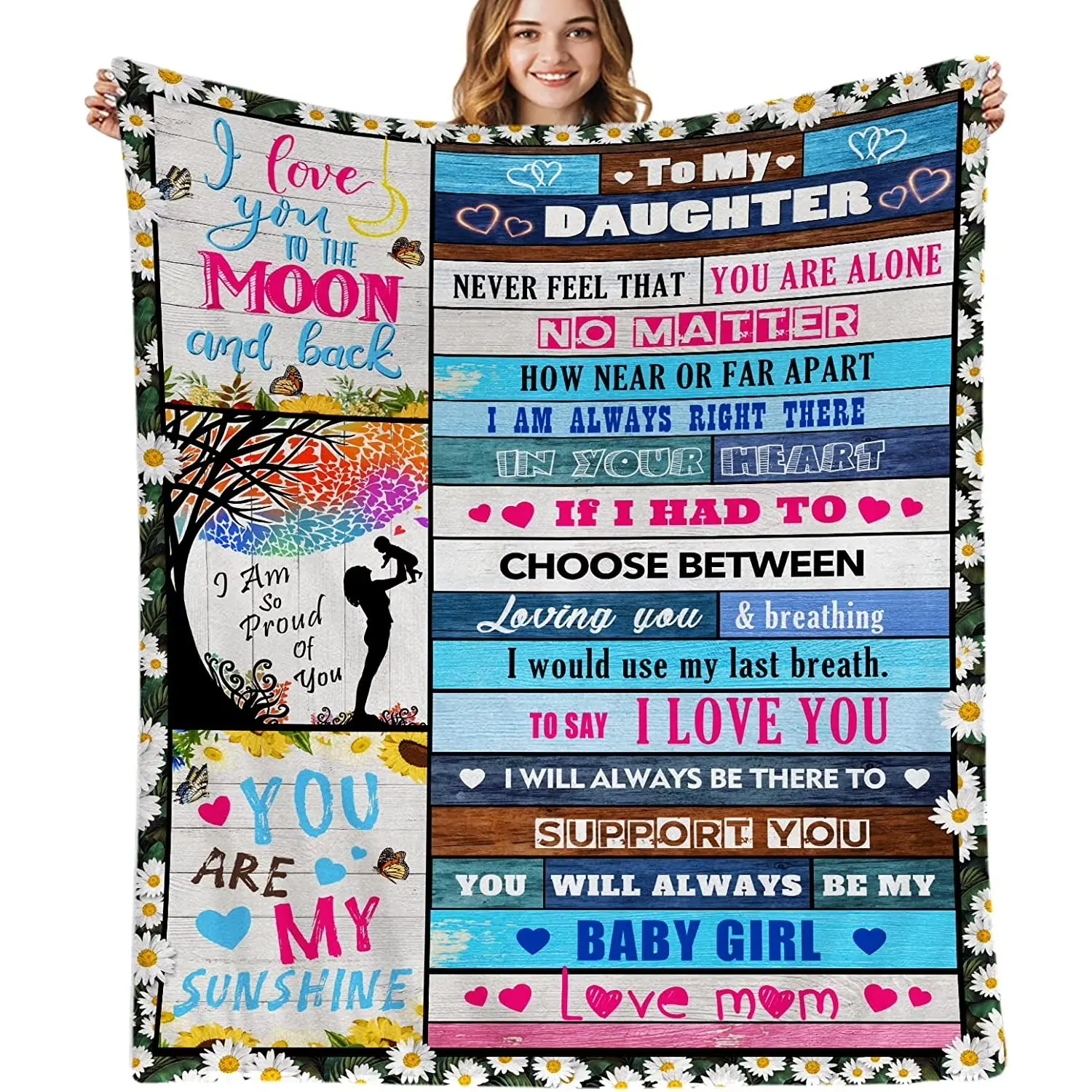 Mom to Daughter Gift Ultra-Soft Warm Flannel Skin-Friendly Slogan Print Soft Fleece Throw Blanket, 60x50in for Birthday, Graduation, Skin Friendly Blanket, Slogan Print Blanket