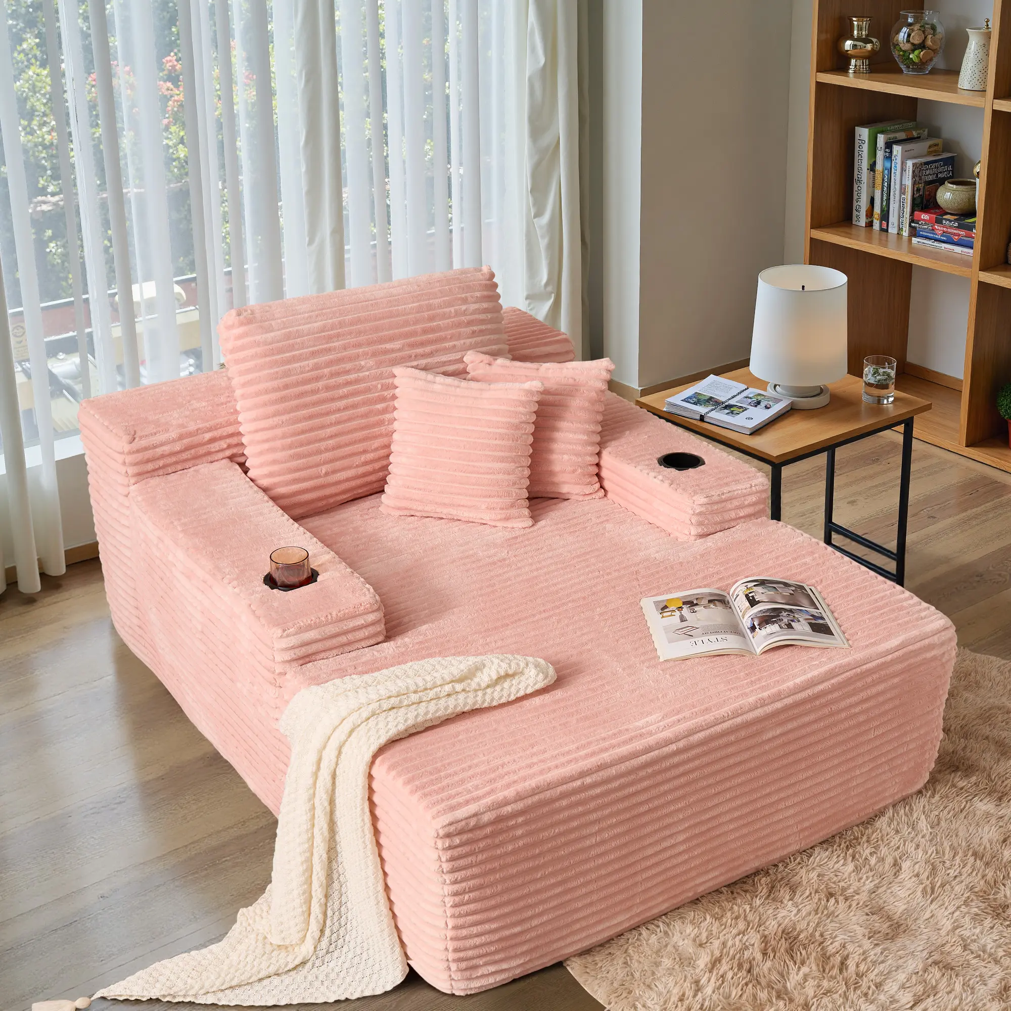 OOSWIFT 49" Oversized Chaise  With CUp Holder Lounge Indoor, Upholstered Sofa Bed, Sleeper Couch Reading Fluffy Plush Cloud Sofas Couches for Living Room, Plush