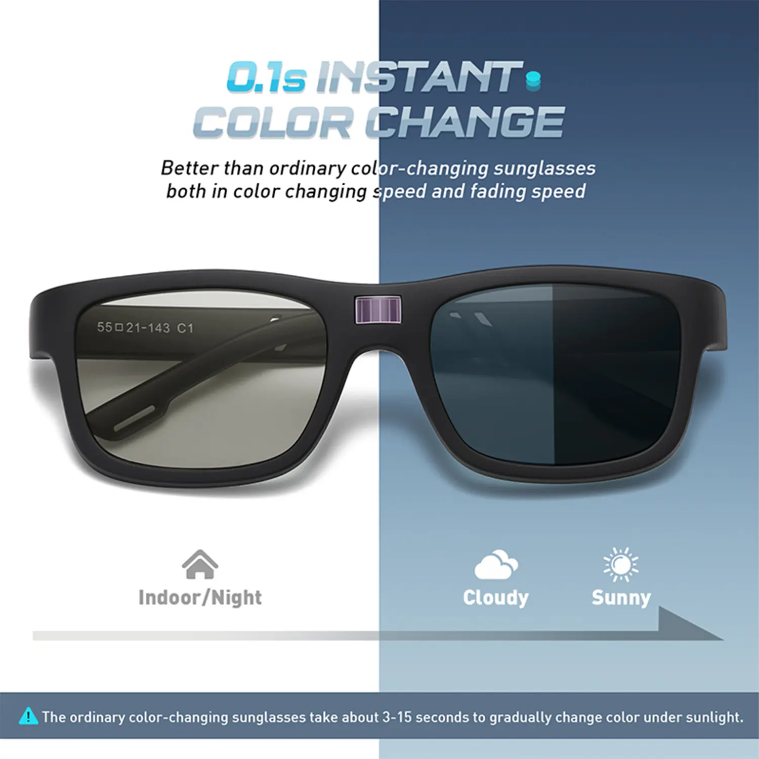 Men Square Frame Photochromic Sunglasses, Fast Color Changing Liquid Crystal Lens UV400 Protection Full‑Frame Sport Sunglasses for Driving Outdoor