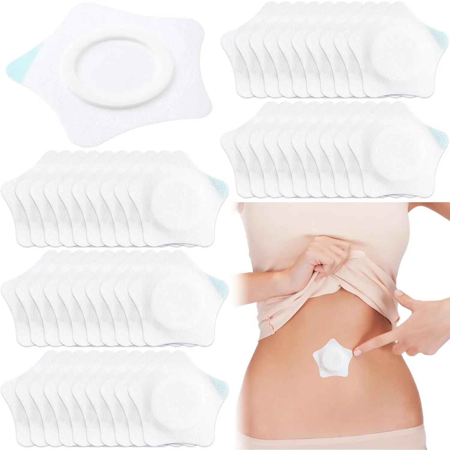 50 Pcs Disposable Castor Oil Pack Wraps, Self-Adhesive Star-Shaped Belly Button Patches with Organic Cotton, Unscented, 7cm for Abdomen & Knees, Loose, Daily Life, 7X7cm, Gentle, Apply Heat, Soothing Effect, Breathable, Workouts, Soothing Relief, Star Sha
