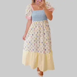 Women’s Princess Style Gorgeous Floral Print Maxi Dress, Queen Vibes Square Neck Puff Sleeve Dress with Smocked Ruffles, Multicolor Patchwork & Color Block, Casual Flowy Summer Dress for Brunch & Party