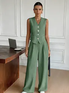 Two-piece women's solid sleeveless blazer vest and wide-leg pants set, featuring a simple and professional light business style, suitable for daily commuting, light business meetings, or elegant casual dates where a polished and sophisticated look is need