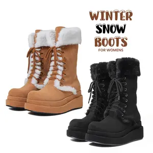 Womens Winter Snow Boots Platform Heel Warm Cozy Round Toe Side Zipper Mid Calf Faux Fluffy Fur Chic Lace up Design Slip on Gifts Christmas Party Thick Shoes Chilly Day Booty
