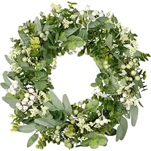 Artificial Spring Summer Christmas Greenery Wreaths for Front Door Green Eucalyptus Leaf Wreath Decor Boxwood with Big Berries for Farmhouse Outside Year Round