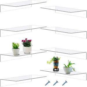 Blulu 8 Pcs Acrylic Floating Shelf, 14 x 5 x 2 Inches Invisible Shelf Wall Mounted for Book Plants Picture Makeup Record Display Living Room, Bathroom, Bedroom, Kitchen, Office(Clear)