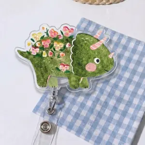 Botanical Dinosaur Retractable Badge Reel | Cute Watercolor Triceratops ID Badge Holder for Nurses | Aesthetic Flower Animal Lanyard Clip | Clear Acrylic Medical Name Tag Accessory