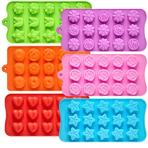 6 Pcs Flower Silicone Chocolate Molds Set, 15-Cavity Rose Heart Star Candy Mold Different Shapes Silicone Molds for Chocolate, Candy, Ice Cube, Butter, Jello