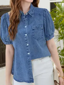 Women's Denim Shirt with Bubble Sleeves & Flip Collar - Business Casual Short Sleeve Blouse, Machine Washable Regular Fit Top for Spring/Summer Office & Casual Outings, Denim Blouse, Summer Blouse, Sophisticated Styling, Elegant Texture