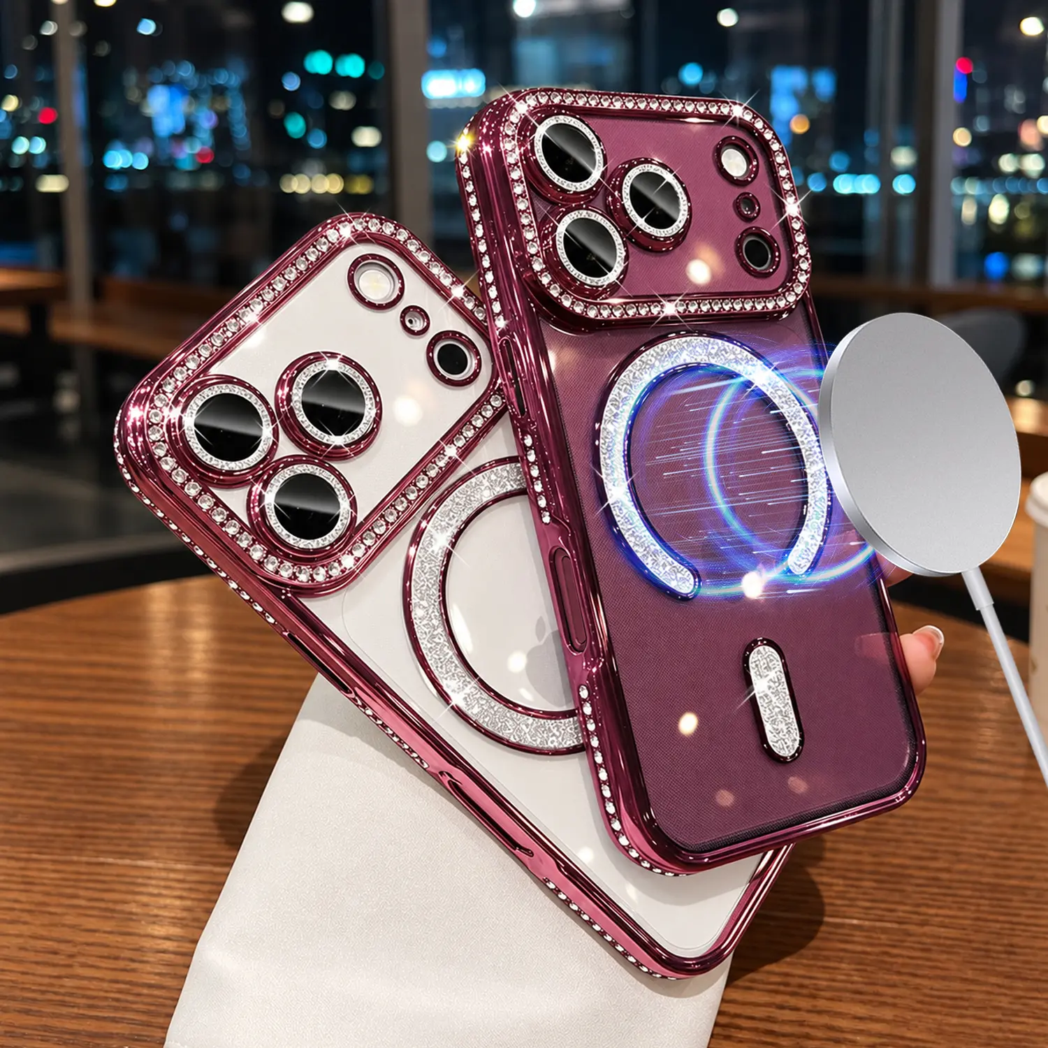 Magnetic Clear Glitter Case for iPhone 18 Pro Max 17 15 14 13 12 11, Compatible with MagSafe, Support Wireless Charging, Cute Bling Sparkly Diamond Rhinestone with Camera Protector TPU Bumper Women Girls Case, Burgundy