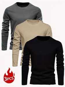 Men's 3-Pack Long Sleeve Crew Neck Tees, Tops, Solid Color Options Classic Slim Fit Design Ideal for Casual Daily Wear Layering Under Jackets Workouts Office Attire Perfect for All-Season Use Essential Wardrobe Staples