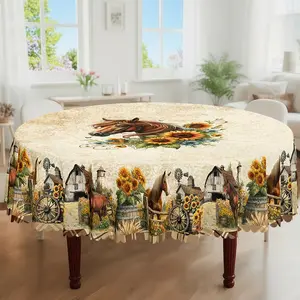 1pc, Spring Summer Themed Party Tablecloth, Vintage Buffalo Check Sunflower Horse Country Farmhouse Style Printed Design, Rectangular/Round/Oval Table Cloth, Embossed Edge, Kitchen Dining Outdoor Picnics Dinner Decor Ideal