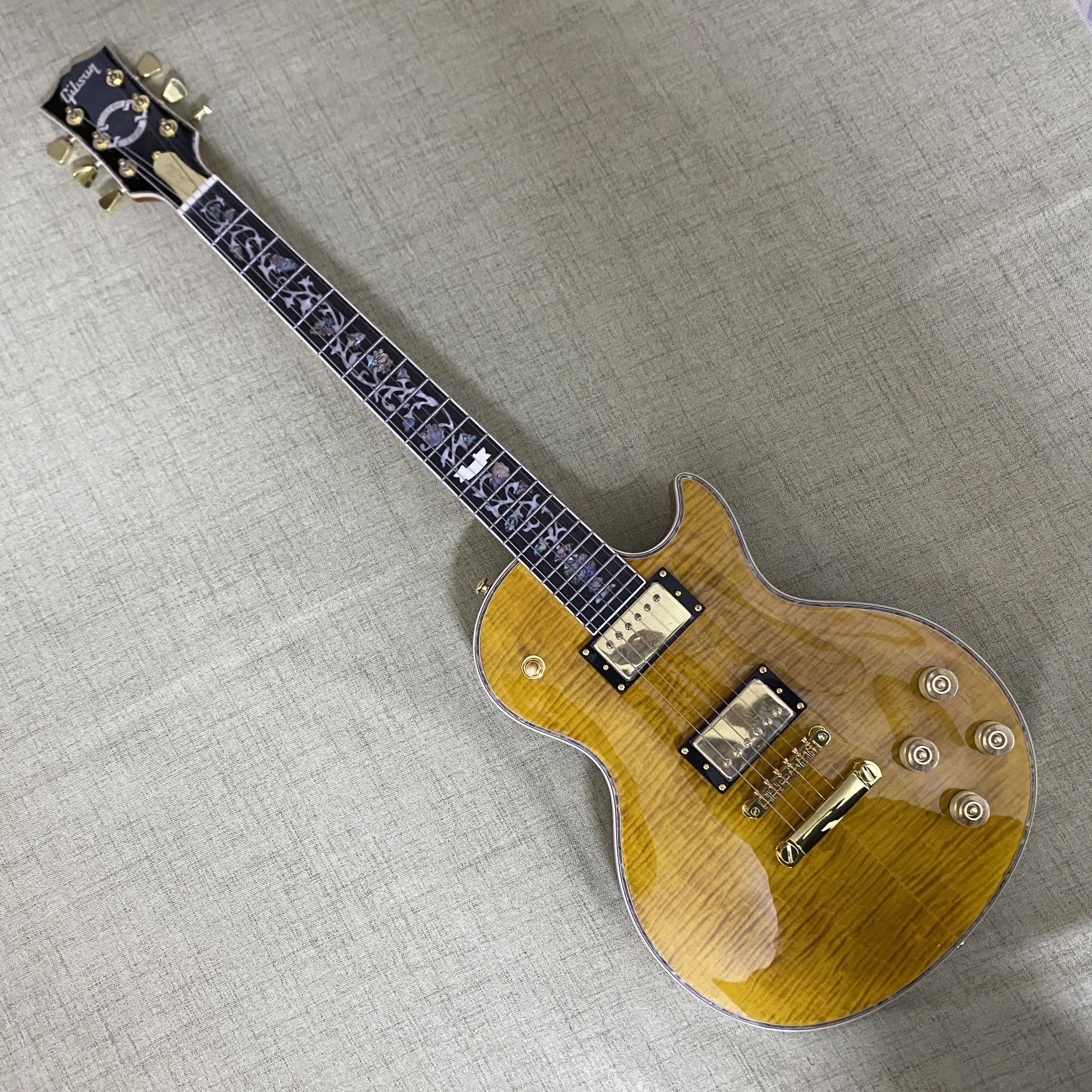Vintage Yellow Les Paul Guitar Vine flower inlaid fingerboard,Flame Maple Veneer