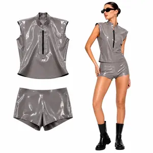 Lady's Minimalist Basic Pure Natural Latex Short-Sleeved Clothes Set, Sleeveless Option Available for Women's Casual Wear