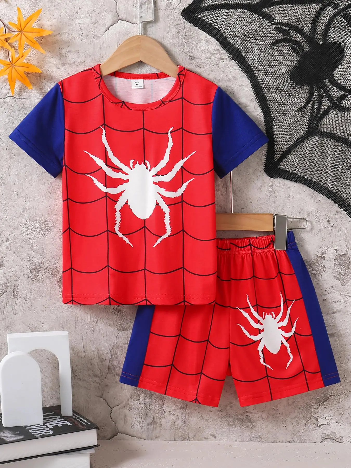 Two-Piece Set Junior Boy's Spider Print Short Sleeve Tee & Colorblock Shorts, Casual Round Neck T-shirt & Shorts for Summer, Kids Clothes for Daily We