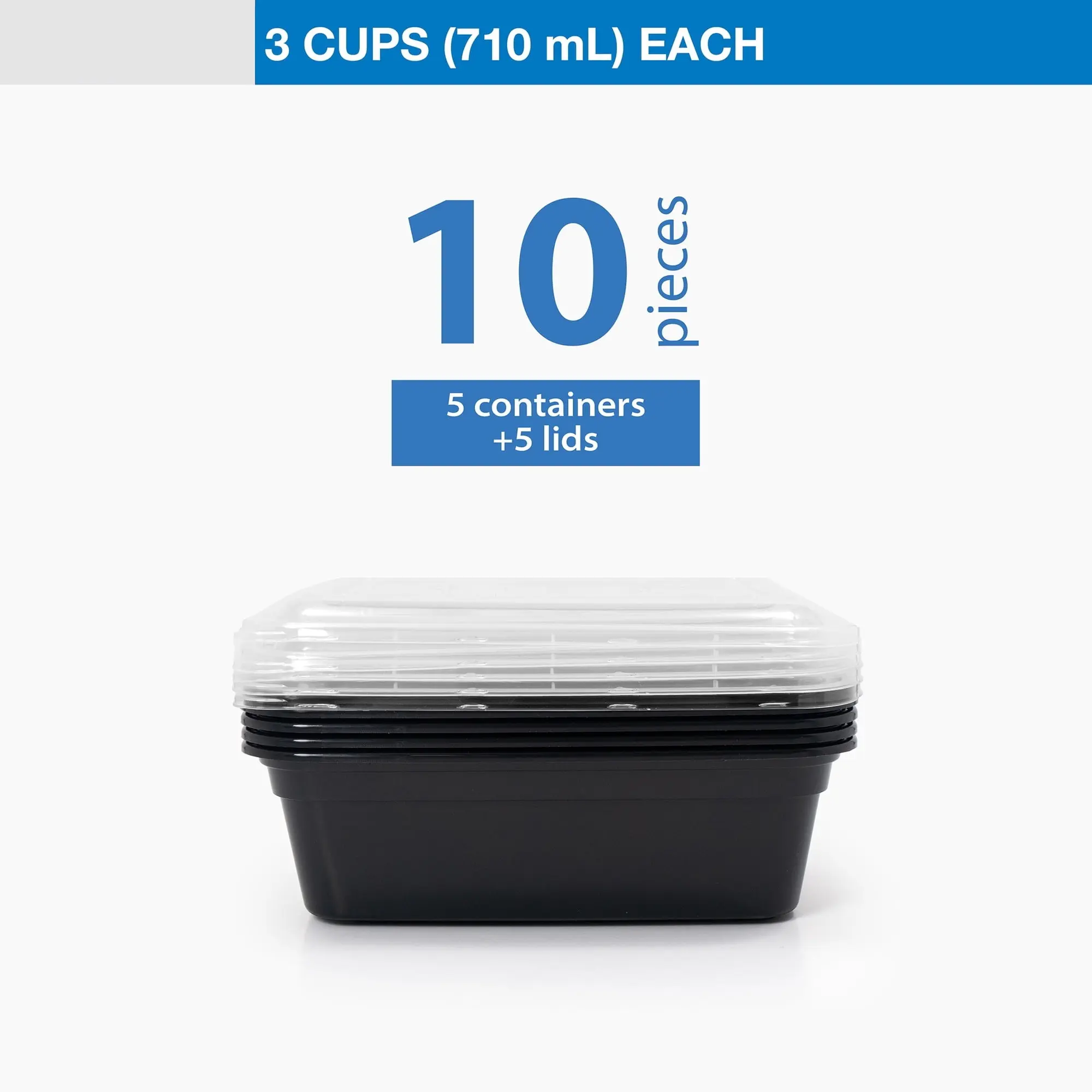 Plastic Meal Prep Containers, 10-Piece Set, 3-Cup Snack Size with Snap-Tight Lids, BPA-Free, Black