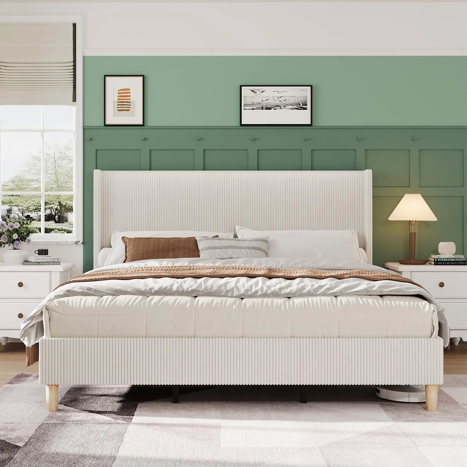 King Bed Frame, Corduroy Bed Frame with Vertical Channel Tufted Wingback Headboard, Sturdy Wooden Slats Support, Noise Free, Beige