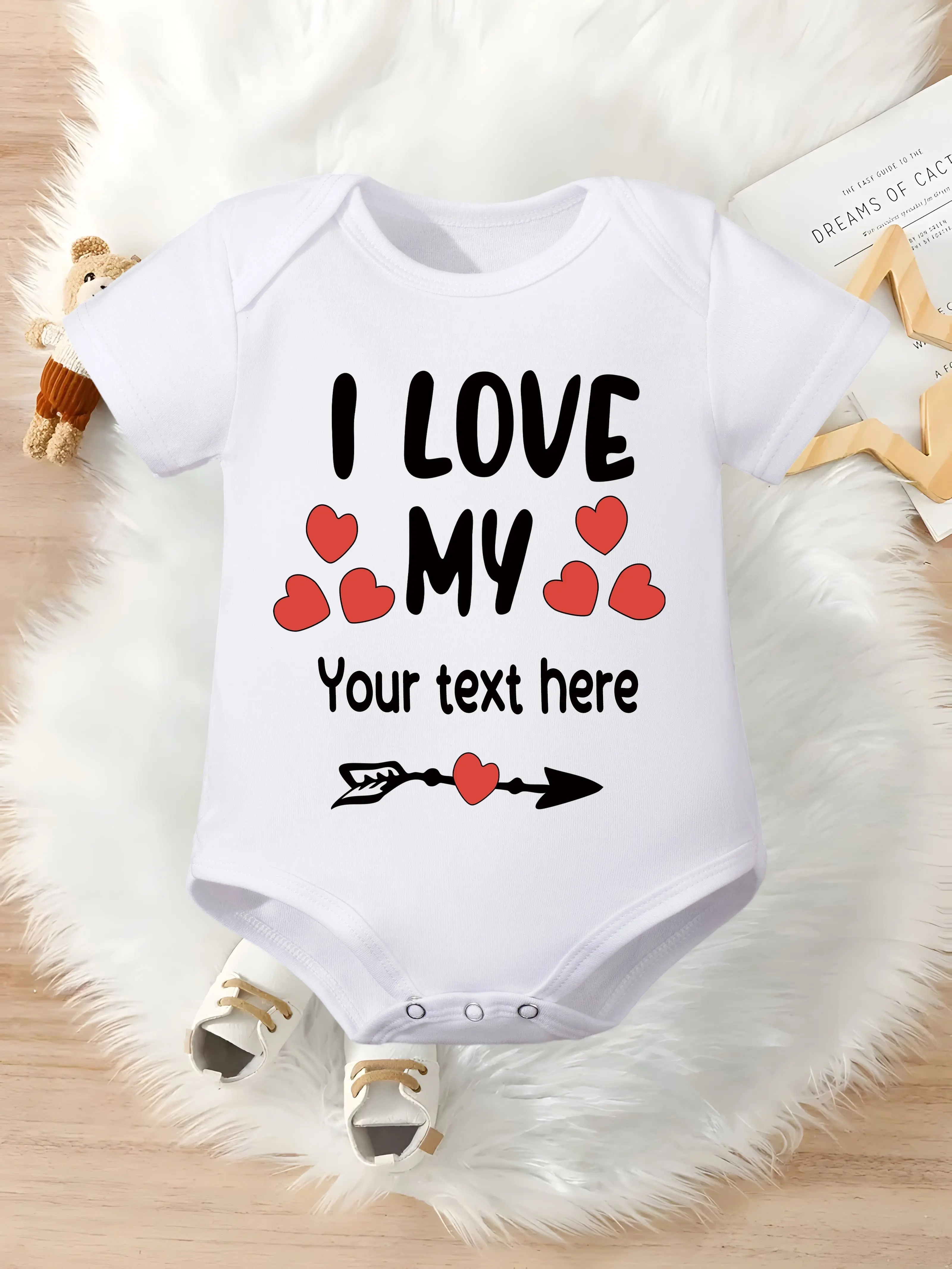 Custom I Love My Custom Text Baby Onesie Red Hand Drawn Hearts Arrow Heart Short Sleeve Cotton White Personalized Gender Neutral Infant Bodysuit